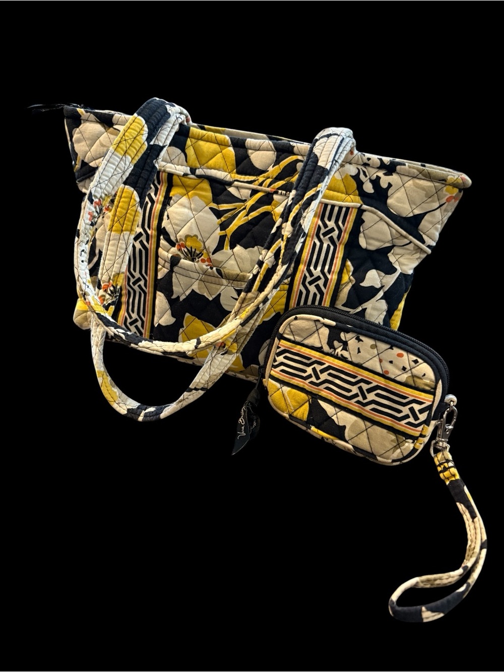 Vera Bradley Black, Yellow and Cream Quilted Floral Tote with Wristlet